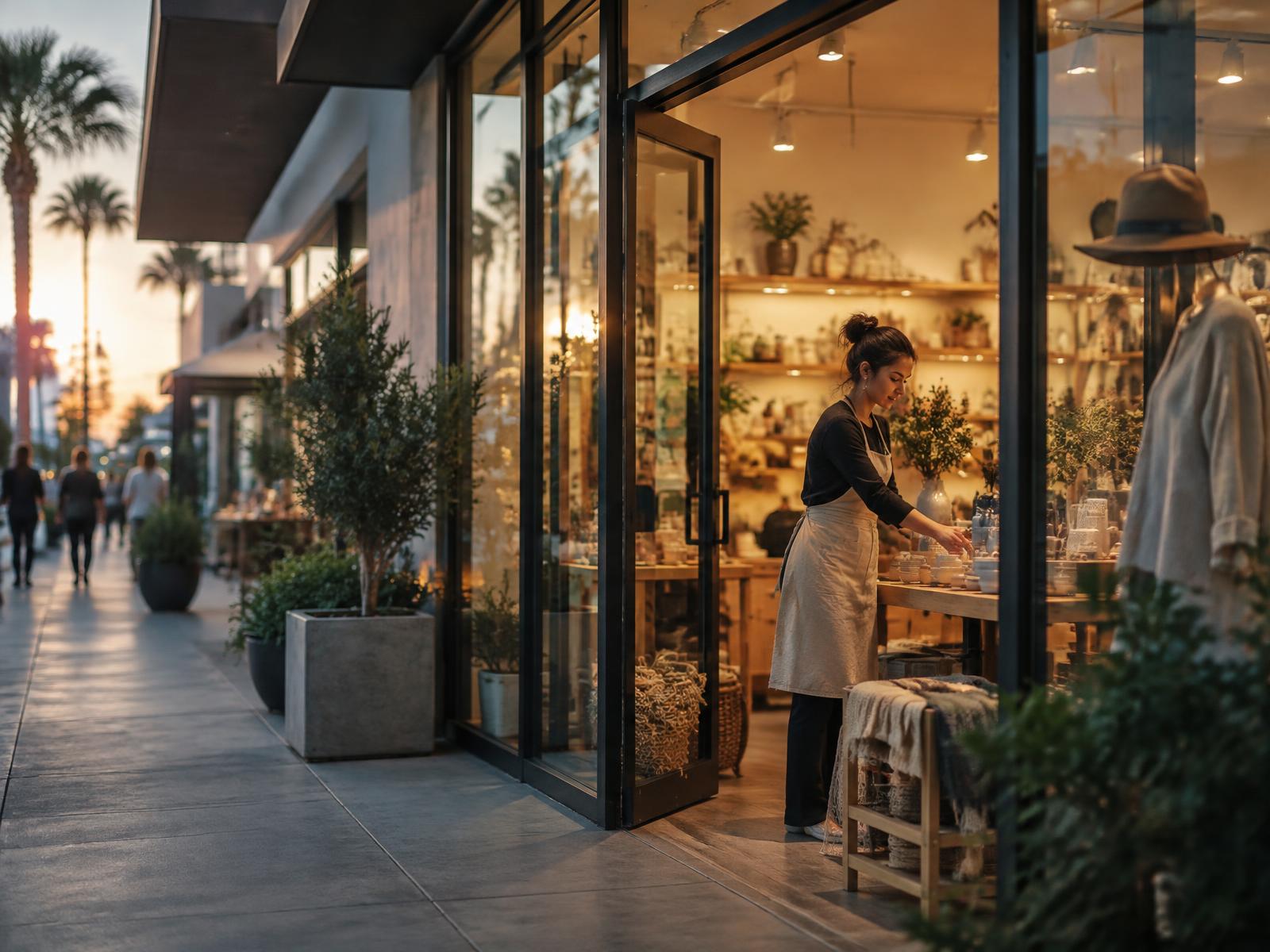 Independent shop owner arranging products in a warmly lit storefront